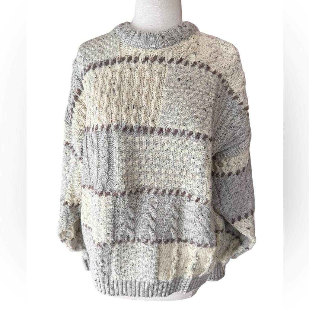 1990s Lands’ End 100% Wool Nep Oatmeal & Grey Speckled Yarn Patchwork Cable-Knit
